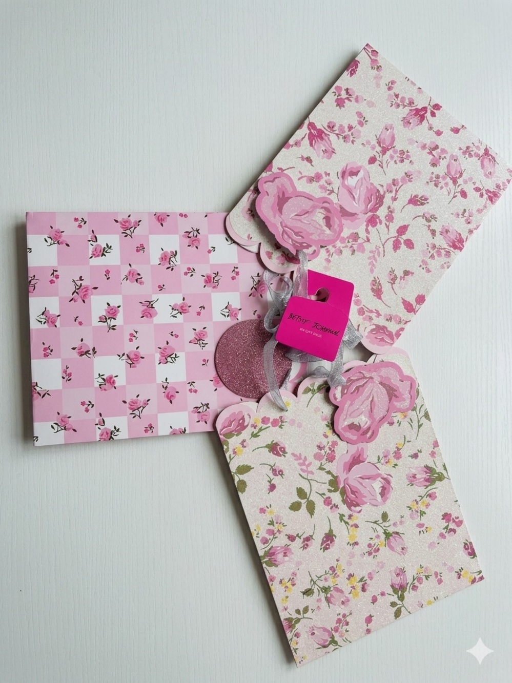Betsey Johnson 3PK Pink Floral Gift Bag Set with Rose Tags